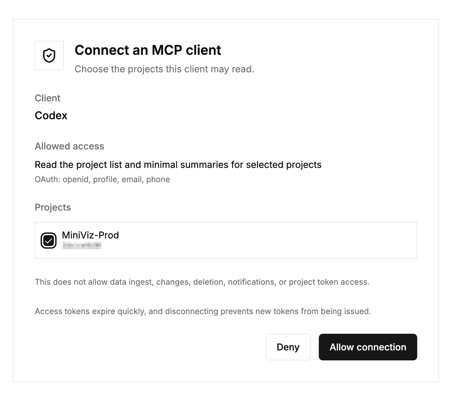 Choose readable projects on the Miniviz consent screen