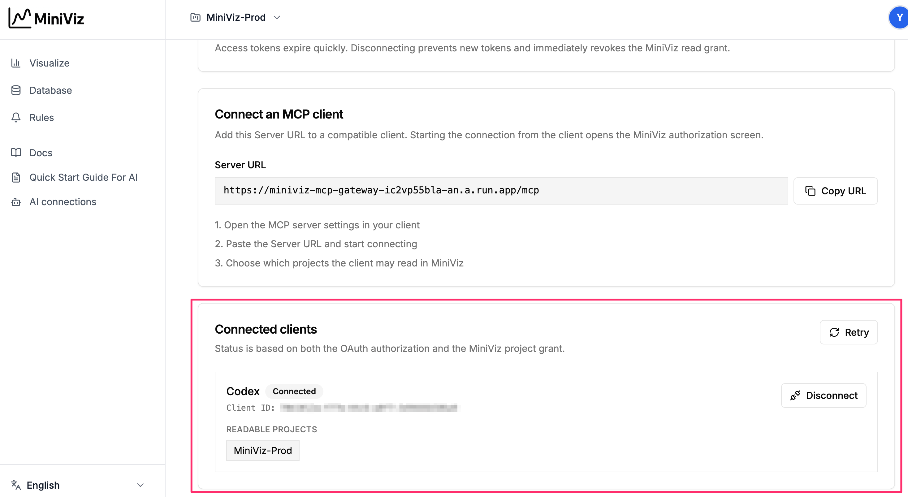 Review or disconnect a connected client in Miniviz