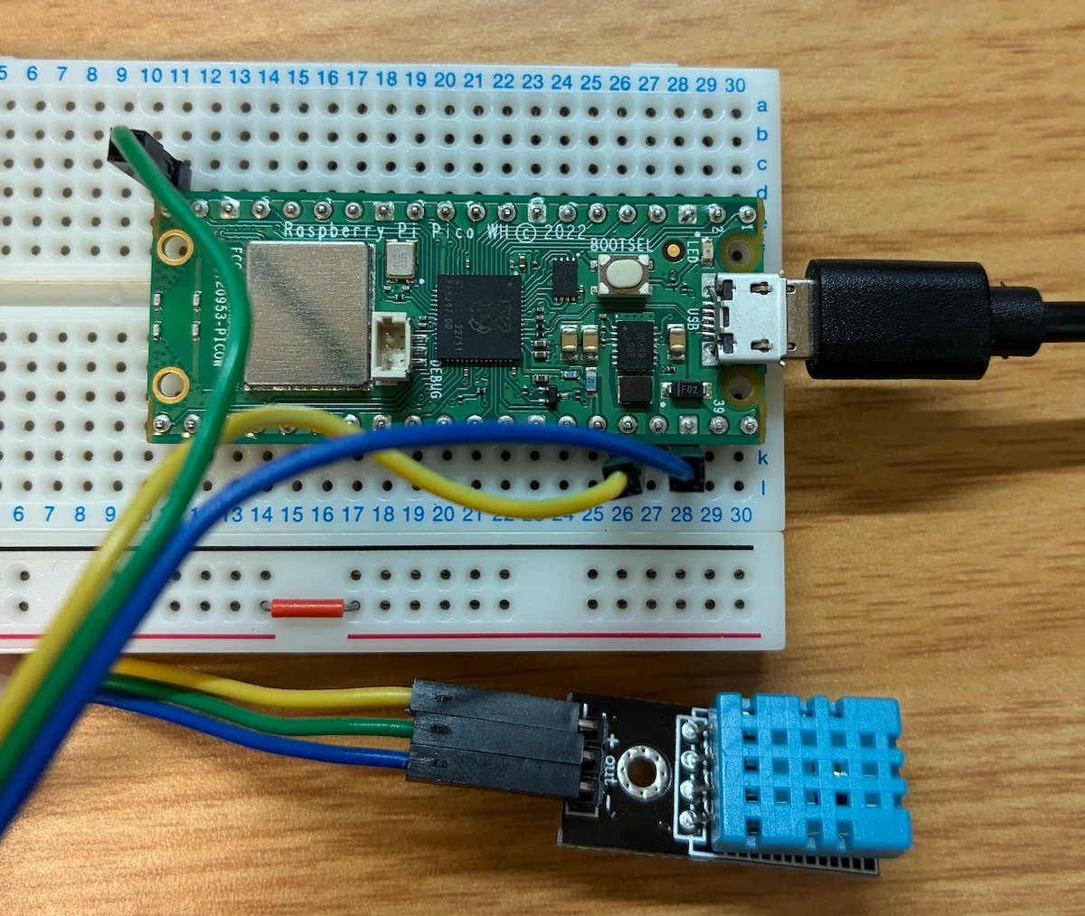 Wire colors (yellow VCC, blue GND, green GP15)