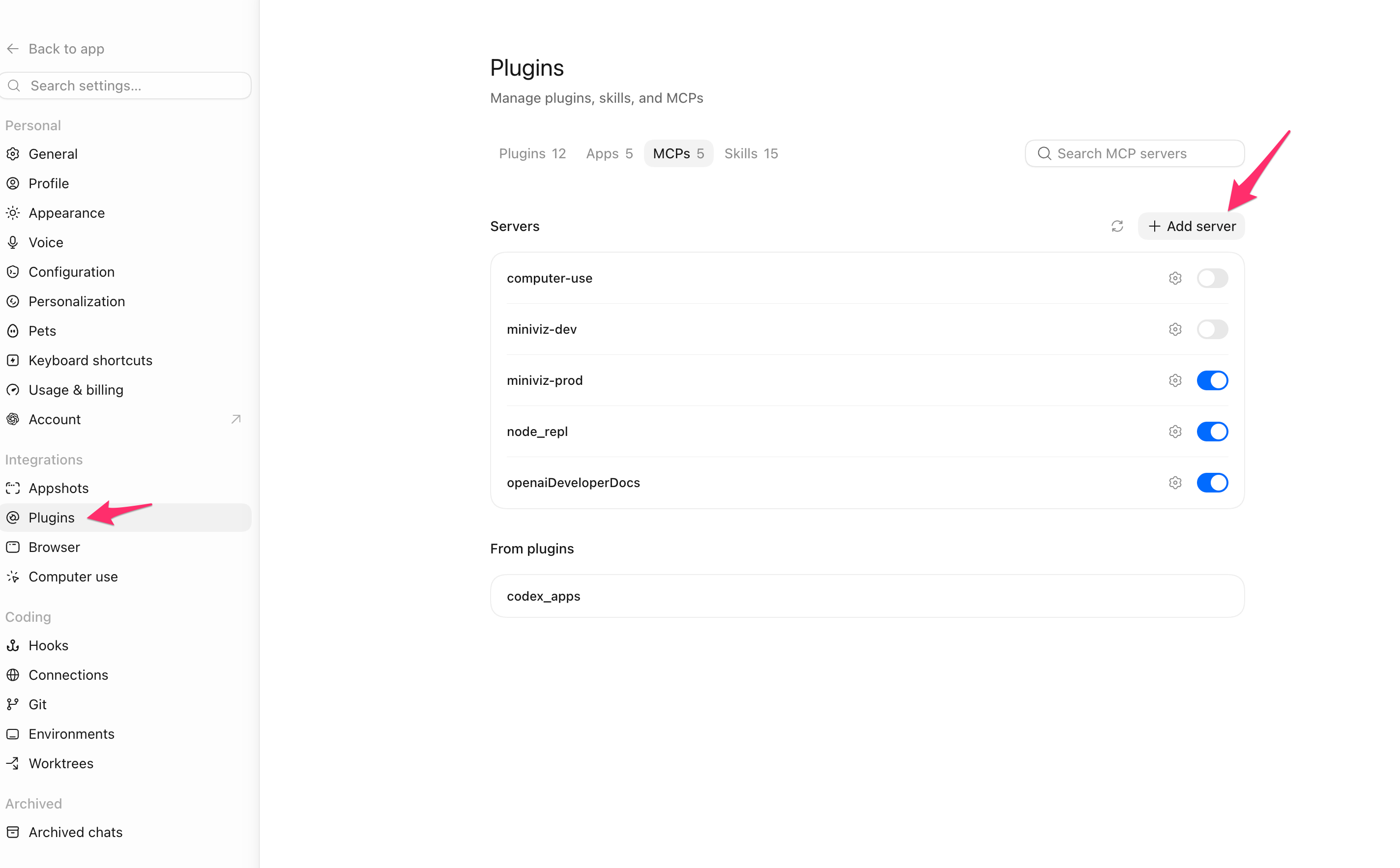 CodexのPlugins画面でMCPサーバーを追加する